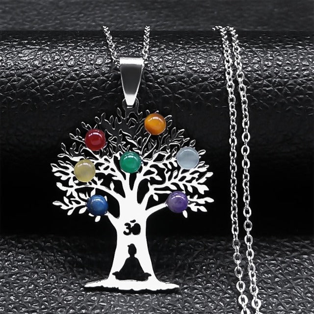 7 Chakras Pendant Necklace Sacred Flower Natural Stones Chain Men Women 2 silver