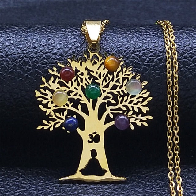7 Chakras Pendant Necklace Sacred Flower Natural Stones Chain Men Women 2 gold
