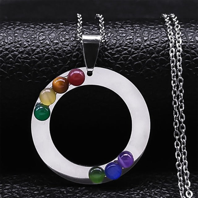 7 Chakras Pendant Necklace Sacred Flower Natural Stones Chain Men Women 3 silver