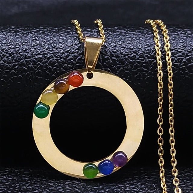 7 Chakras Pendant Necklace Sacred Flower Natural Stones Chain Men Women 3 gold