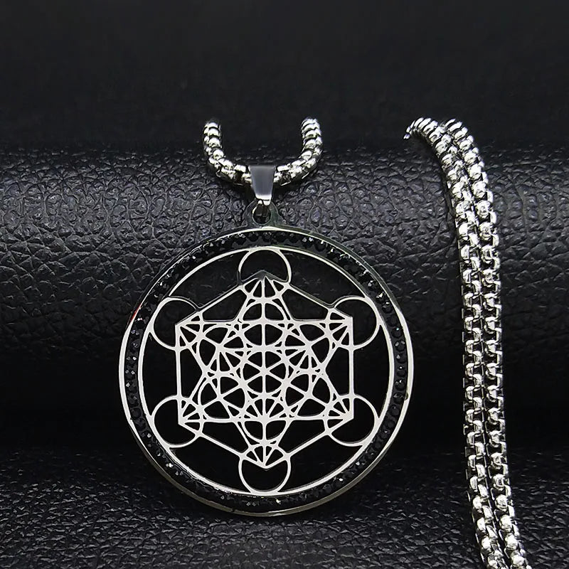Metatron Cube Pendant Necklace with Black Crystal