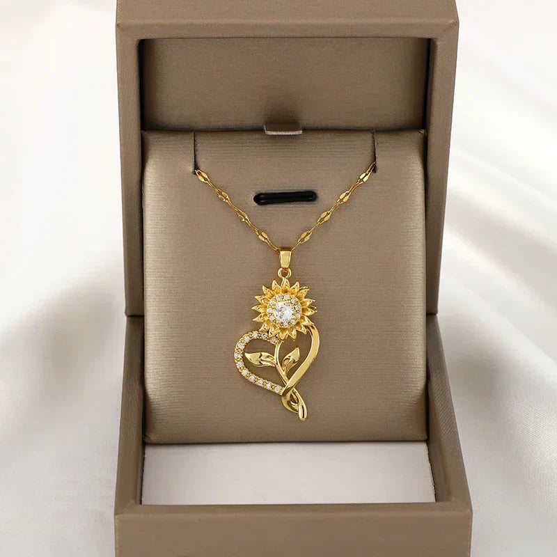Pendant Necklace with Heart and Spinning Sunflower Anti-Stress