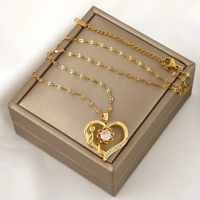 Pendant Necklace with Spinning Heart and Flower Anti-Stress