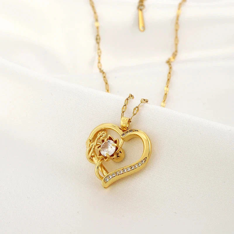 Pendant Necklace with Spinning Heart and Flower Anti-Stress