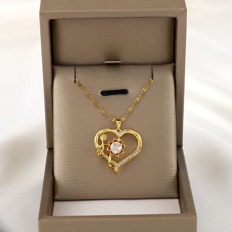 Pendant Necklace with Spinning Heart and Flower Anti-Stress