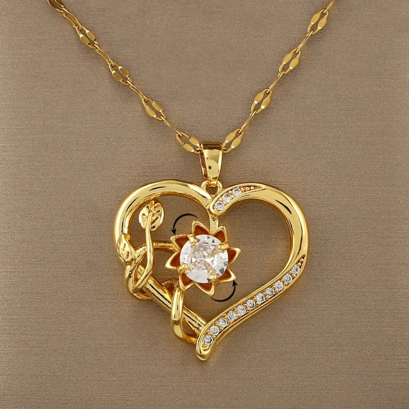 Pendant Necklace with Spinning Heart and Flower Anti-Stress