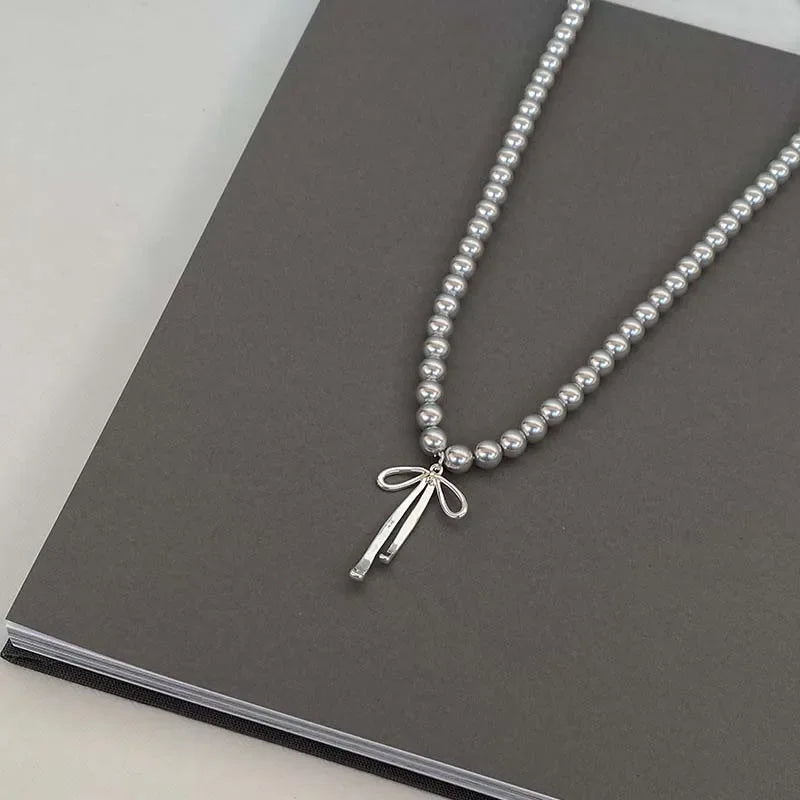 Pendant Necklace with Grey Beads and Bow Knot