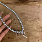 Pendant Necklace with Grey Beads and Bow Knot