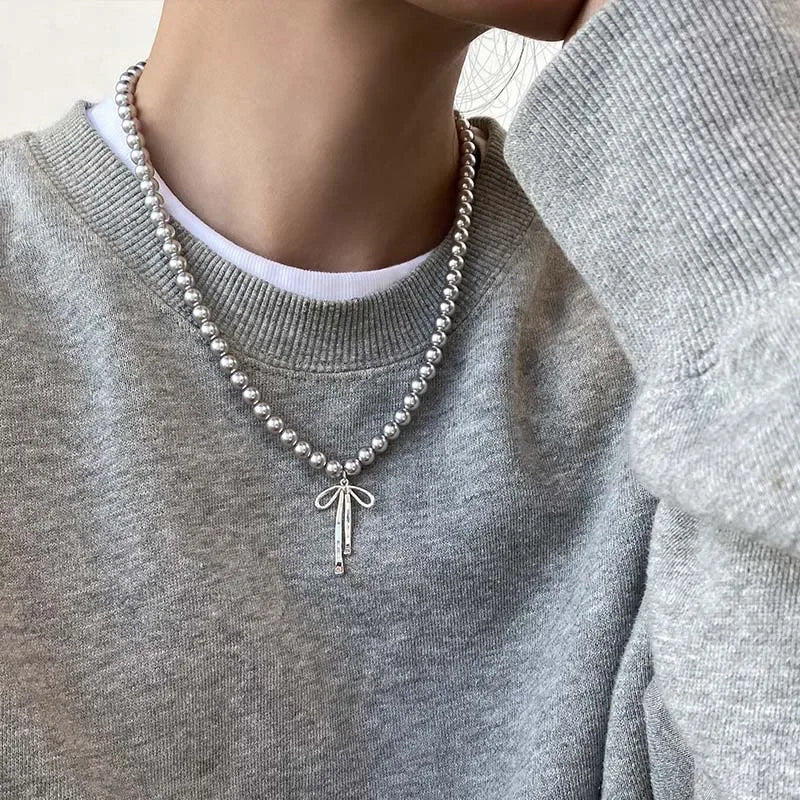 Pendant Necklace with Grey Beads and Bow Knot