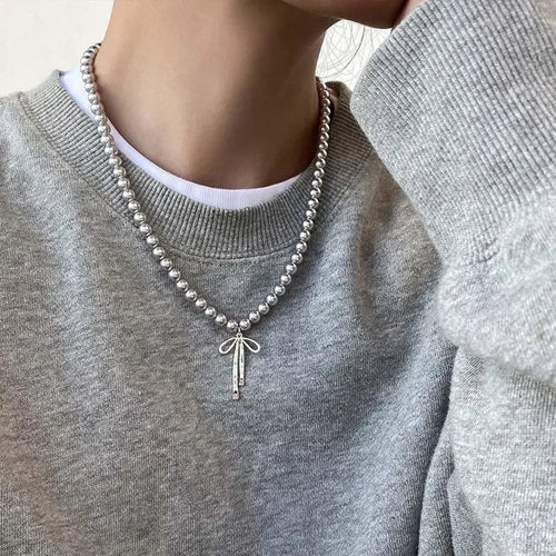 Pendant Necklace with Grey Beads and Bow Knot