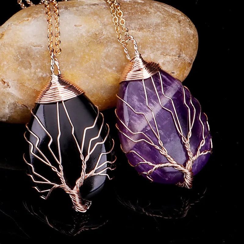 Natural Stone Ball Pendant Necklace Tree of Life