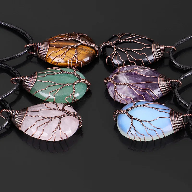 Natural Stone Ball Pendant Necklace Tree of Life