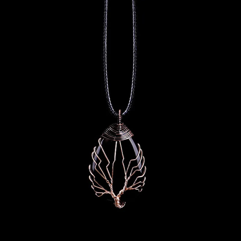 Natural Stone Ball Pendant Necklace Tree of Life black agate