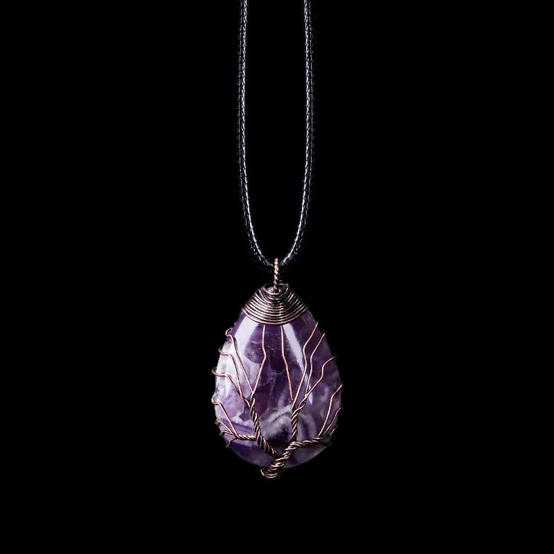 Natural Stone Ball Pendant Necklace Tree of Life amethyst