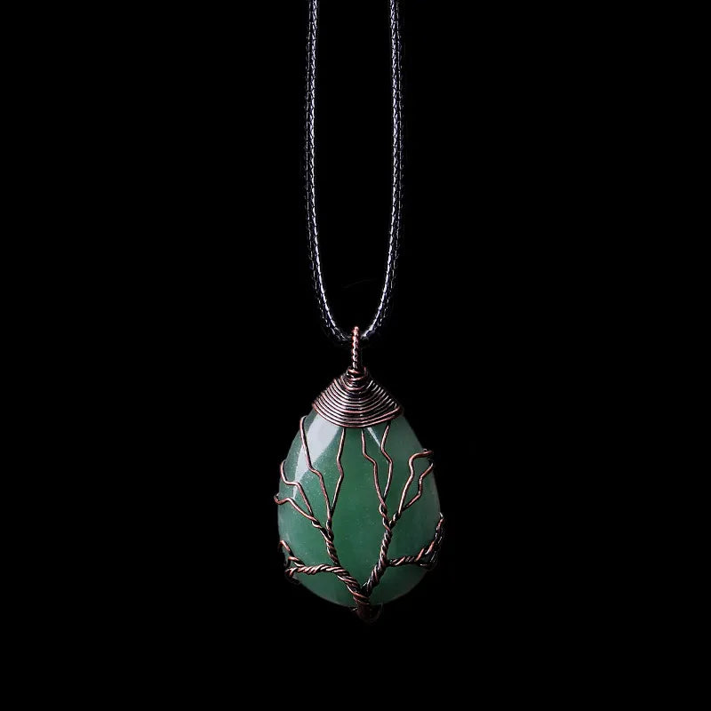 Natural Stone Ball Pendant Necklace Tree of Life green aventurine