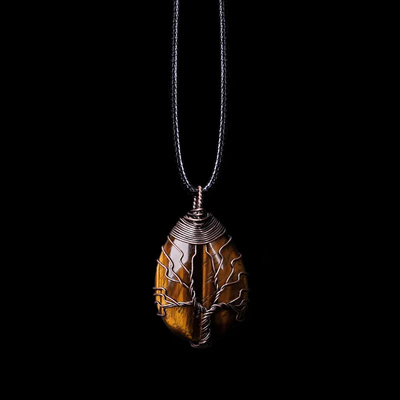 Natural Stone Ball Pendant Necklace Tree of Life tiger's eye