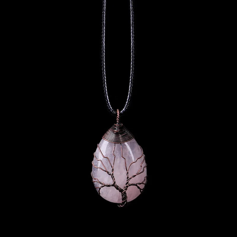 Natural Stone Ball Pendant Necklace Tree of Life rose quartz