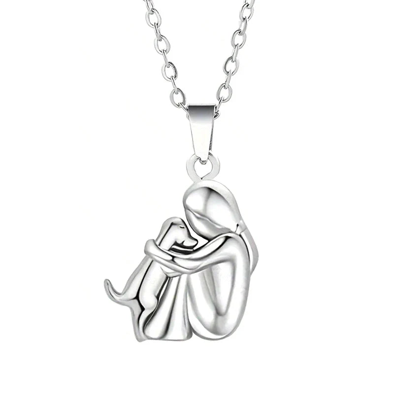 Hug Dog and Owner Pendant Necklace silver