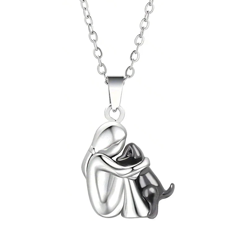 Hug Dog and Owner Pendant Necklace silver and black
