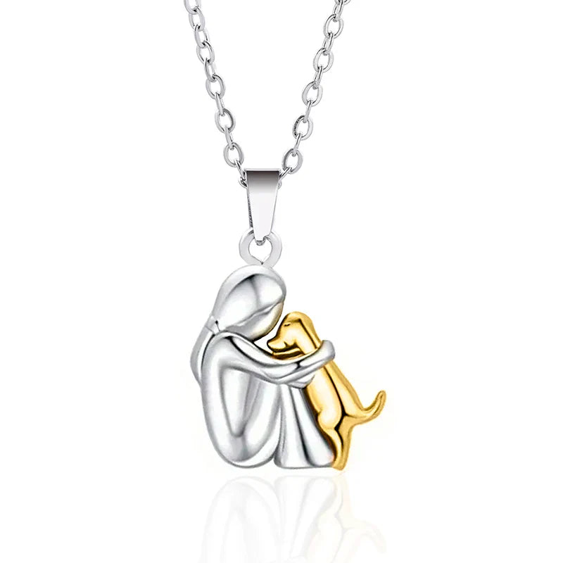 Hug Dog and Owner Pendant Necklace silver and gold