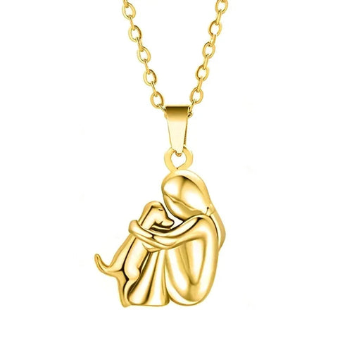 Hug Dog and Owner Pendant Necklace gold