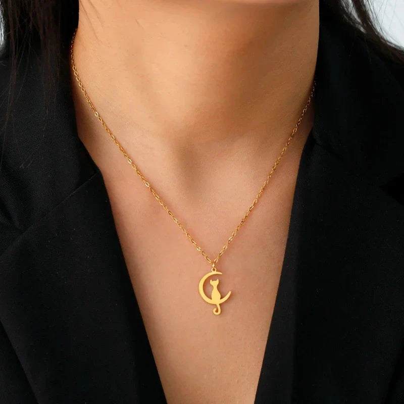 Gold Crescent Moon Cat Pendant Necklace