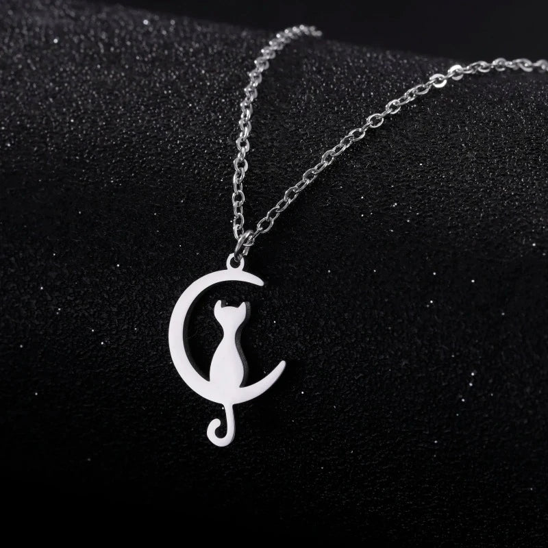 Silver Crescent Moon Cat Pendant Necklace