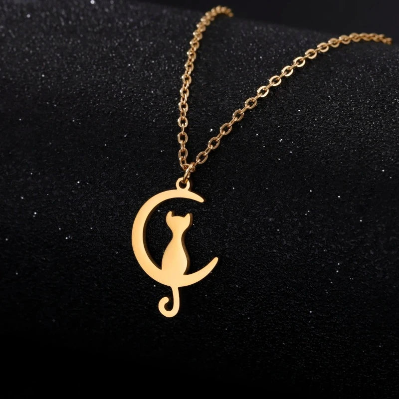 Gold Crescent Moon Cat Pendant Necklace