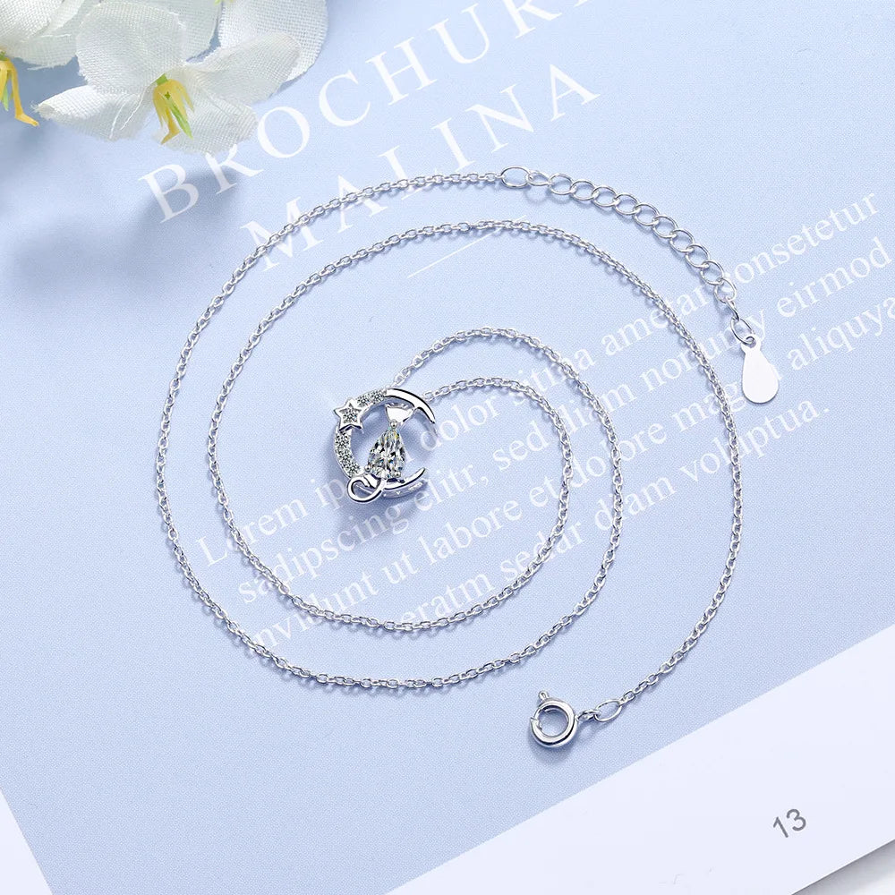 Silver Cat Pendant Necklace with Zircon