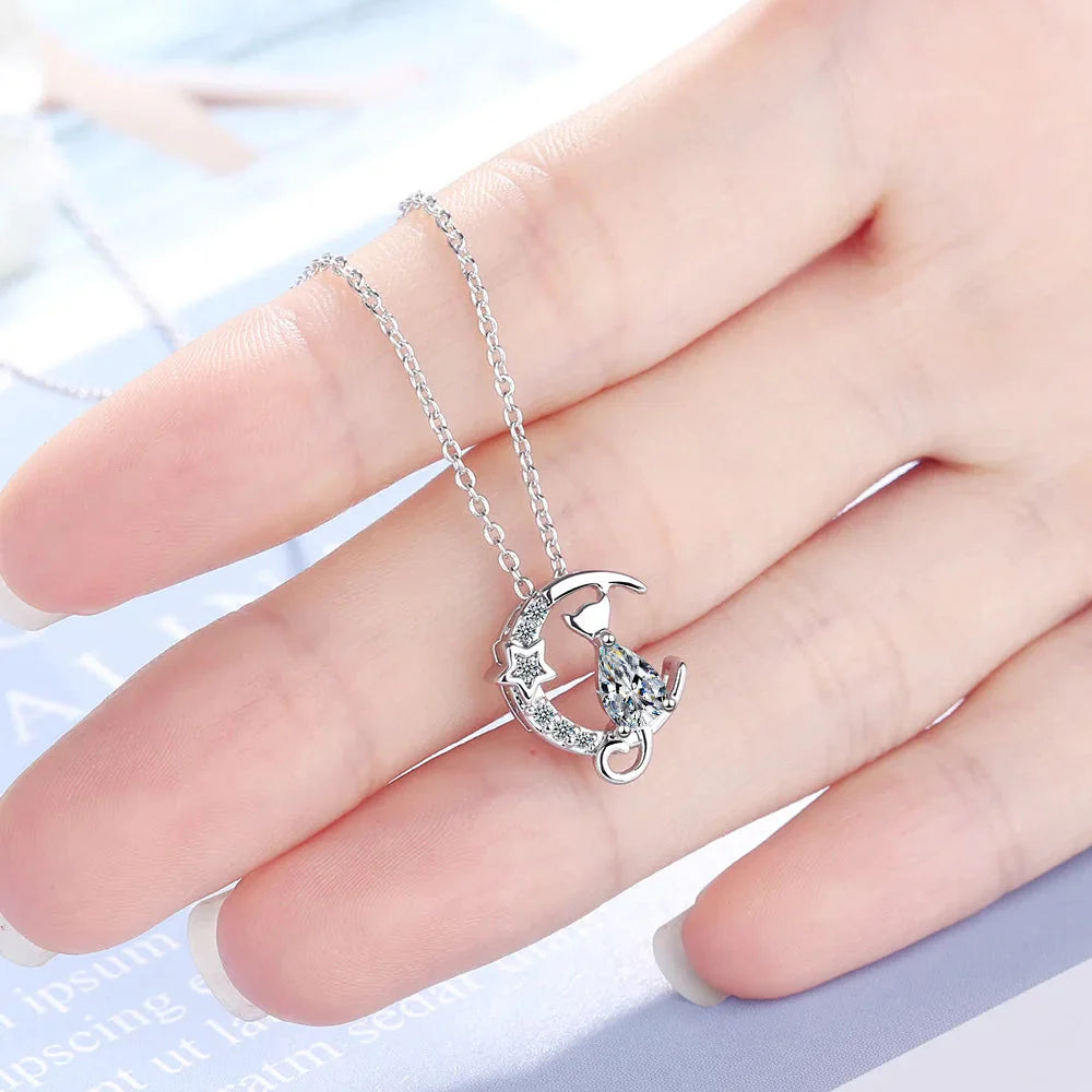 Silver Cat Pendant Necklace with Zircon