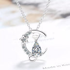 Silver Cat Pendant Necklace with Zircon