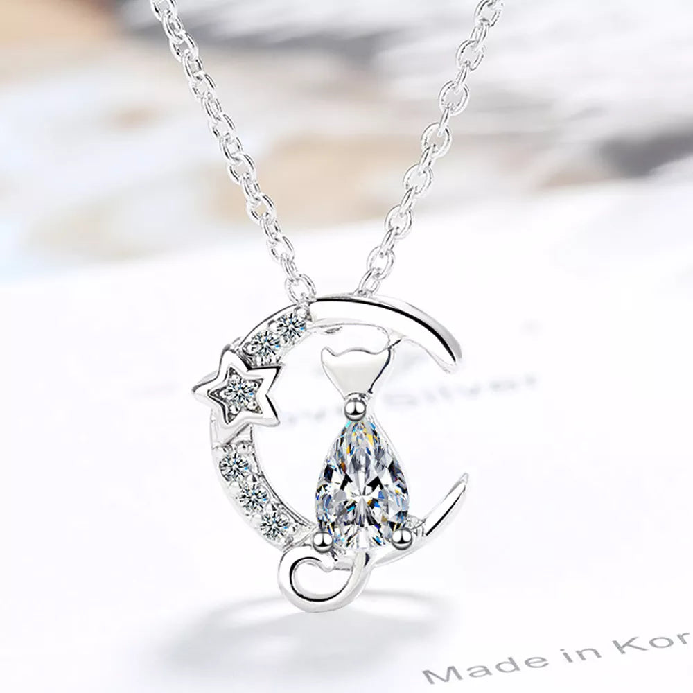 Silver Cat Pendant Necklace with Zircon