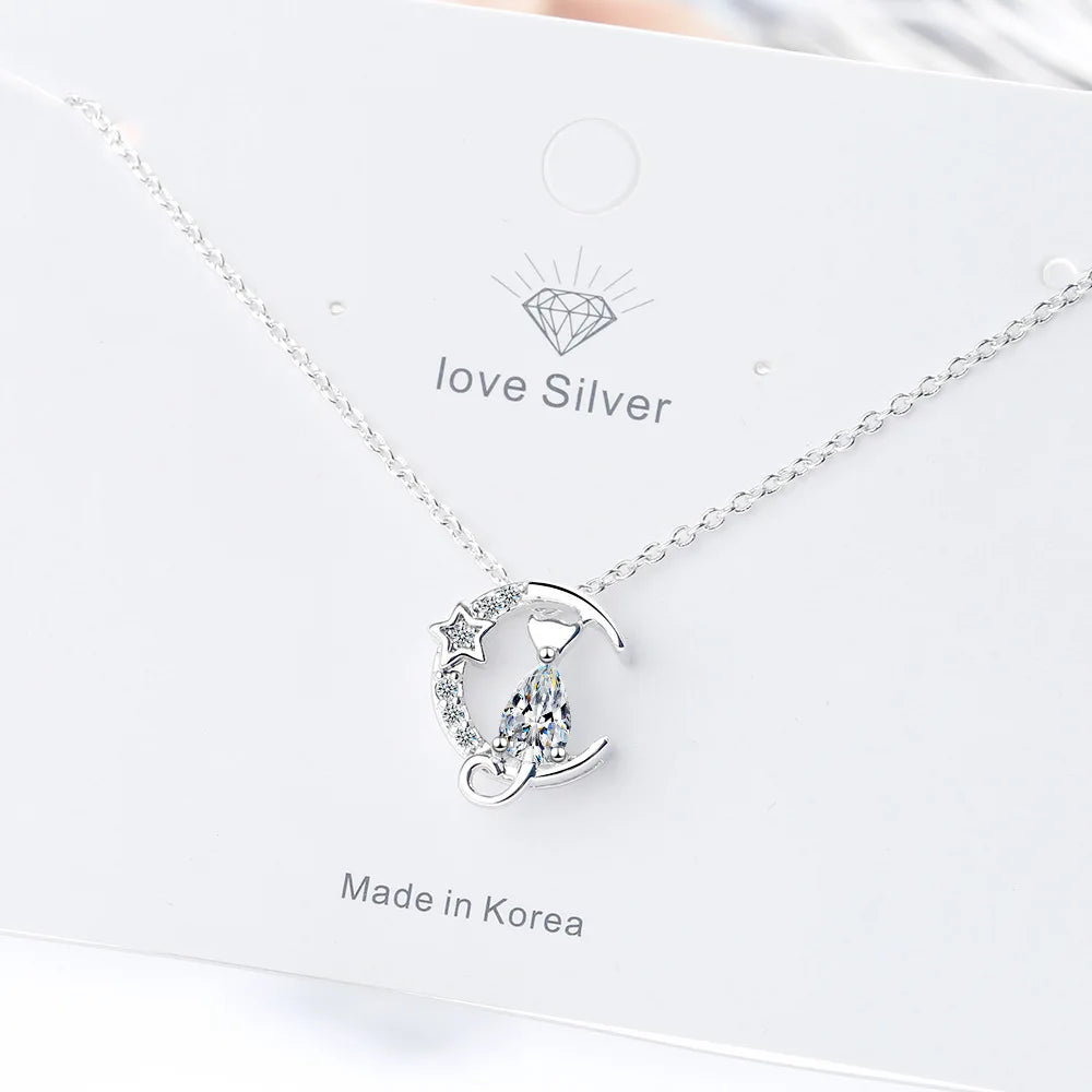 Silver Cat Pendant Necklace with Zircon