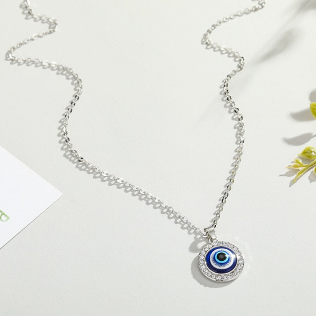 Pendant Necklace Against the Evil Eye Blue Greek Turkish Matiasma Mataki Silver