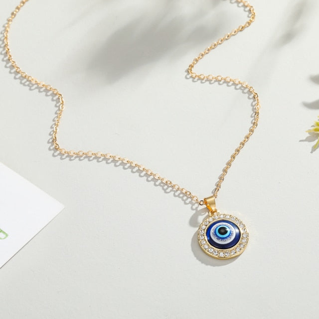 Pendant Necklace Against the Evil Eye Blue Greek Turkish Matiasma Mataki Gold