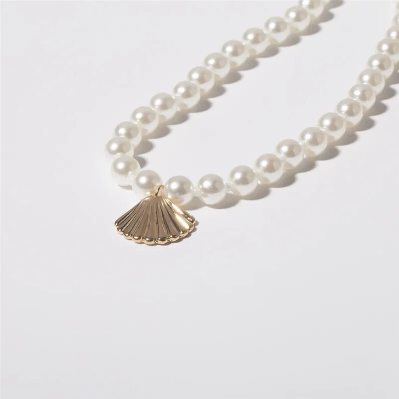 Shell Pendant Necklace Scallop Shell with White Pearls