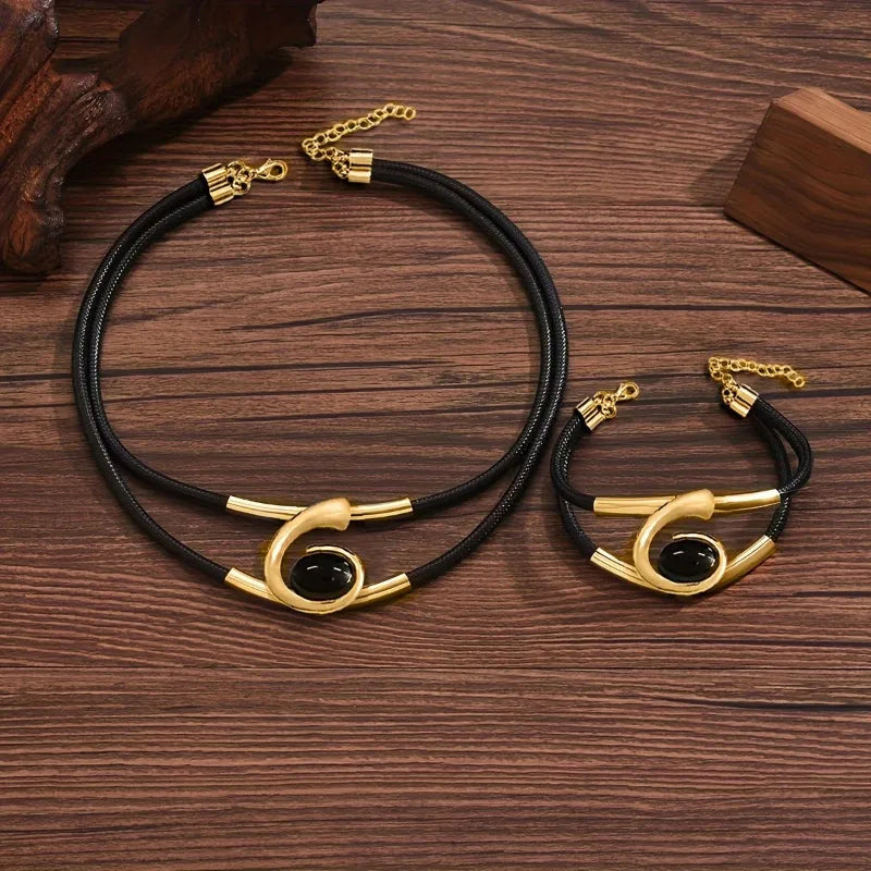 Geometric Gold Pendant Necklace and Bracelet