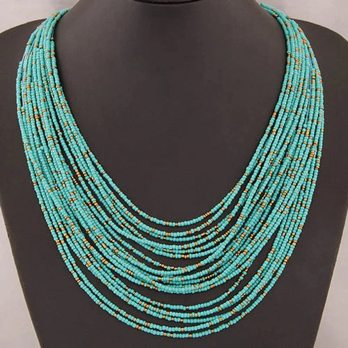 African Ethnic Multilayer Pendant Necklace Blue