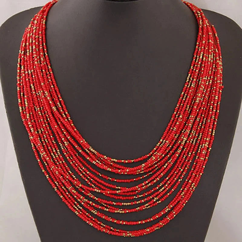 African Ethnic Multilayer Pendant Necklace Red
