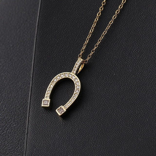 Golden Lucky Horseshoe Pendant Necklace