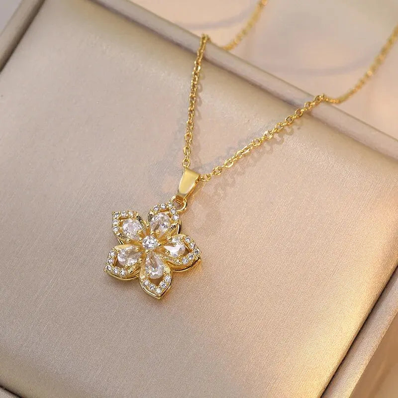 5 Petal Flower Pendant Necklace in Zircon b