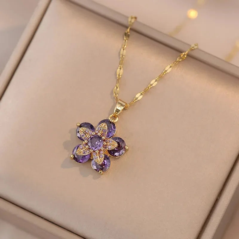 Colored Flower Pendant Necklace in Purple Zircon