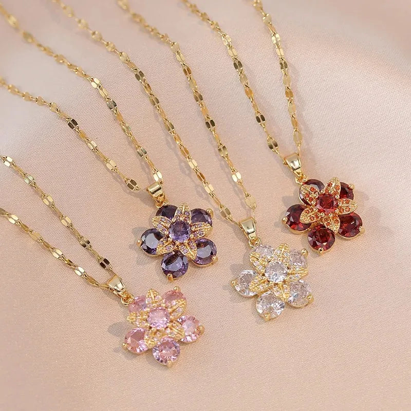 Colored Flower Pendant Necklace in Red Zircon