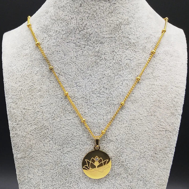 Lotus Flower Pendant Necklace Chain & Gold Locket