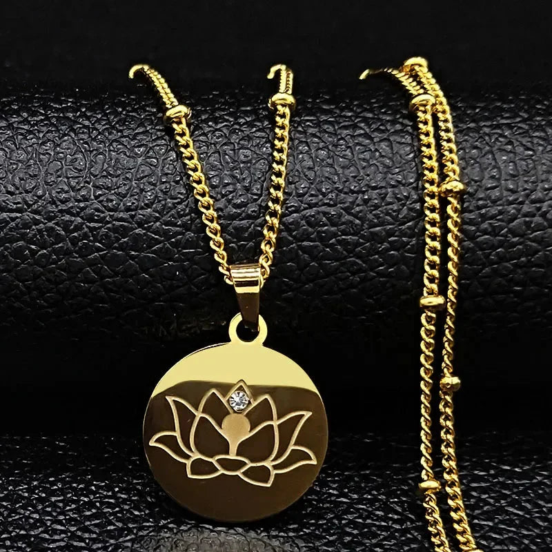 Lotus Flower Pendant Necklace Chain & Gold Locket