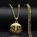 Lotus Flower Pendant Necklace Chain & Gold Locket