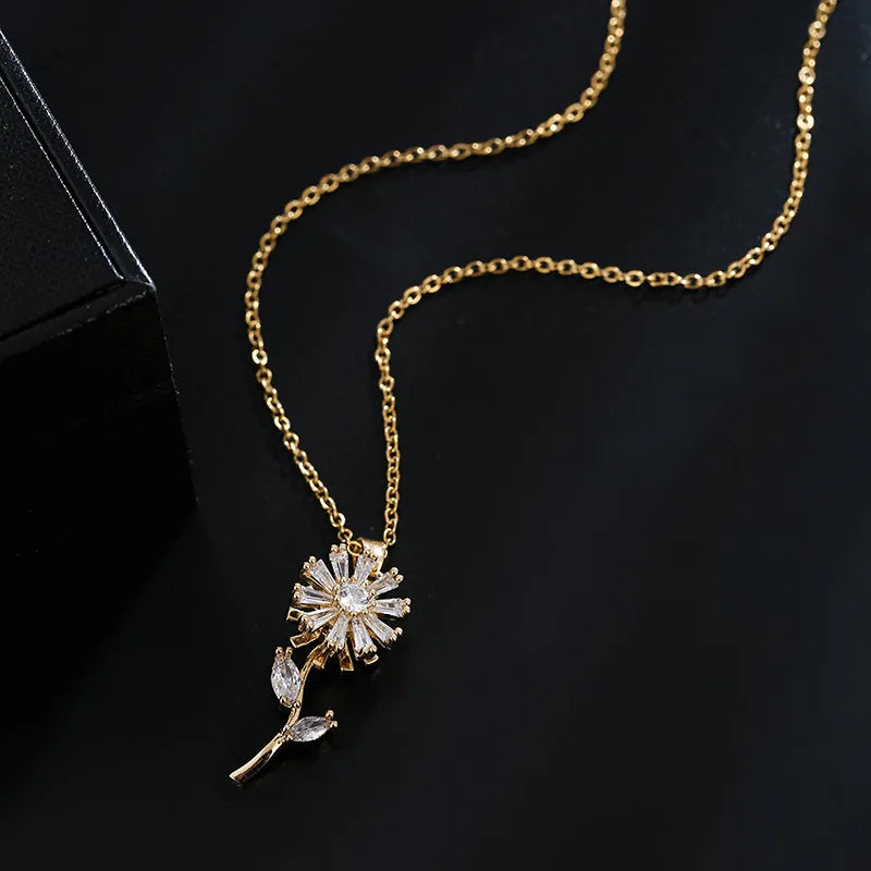 Sunflower Flower Pendant Necklace Spinning Anti-Stress Gold