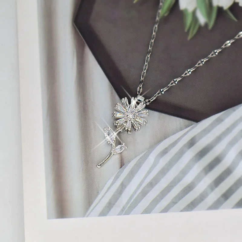 Sunflower Flower Pendant Necklace Spinning Anti-Stress Silver