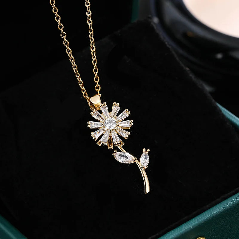 Sunflower Flower Pendant Necklace Spinning Anti-Stress Gold