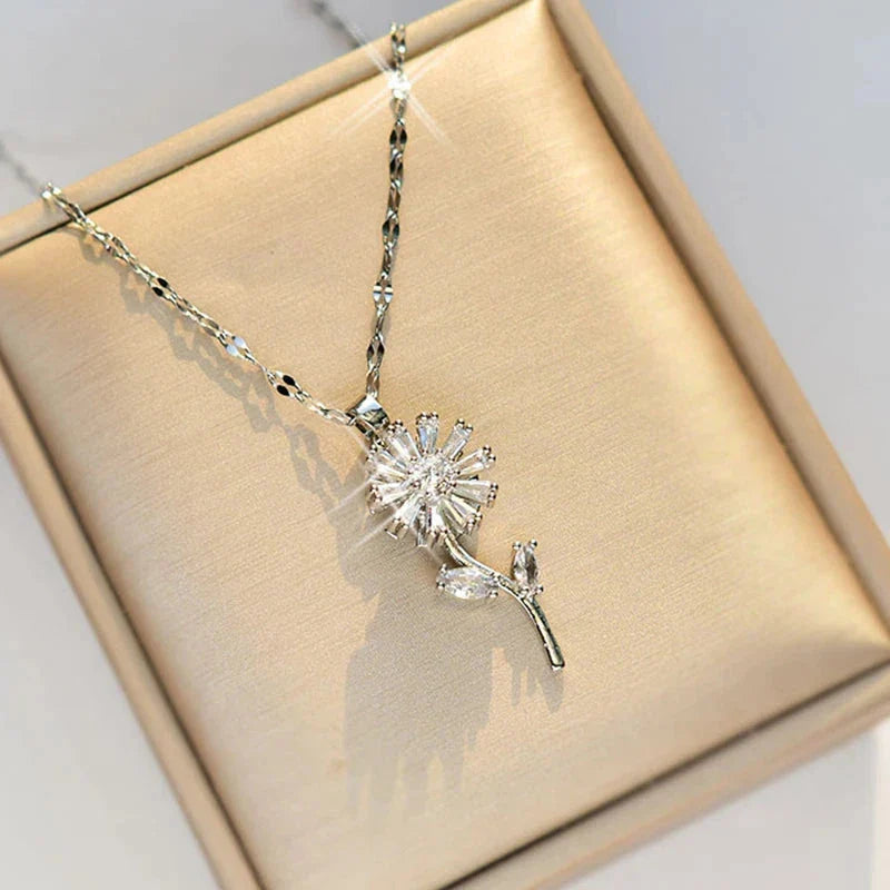 Sunflower Flower Pendant Necklace Spinning Anti-Stress Silver